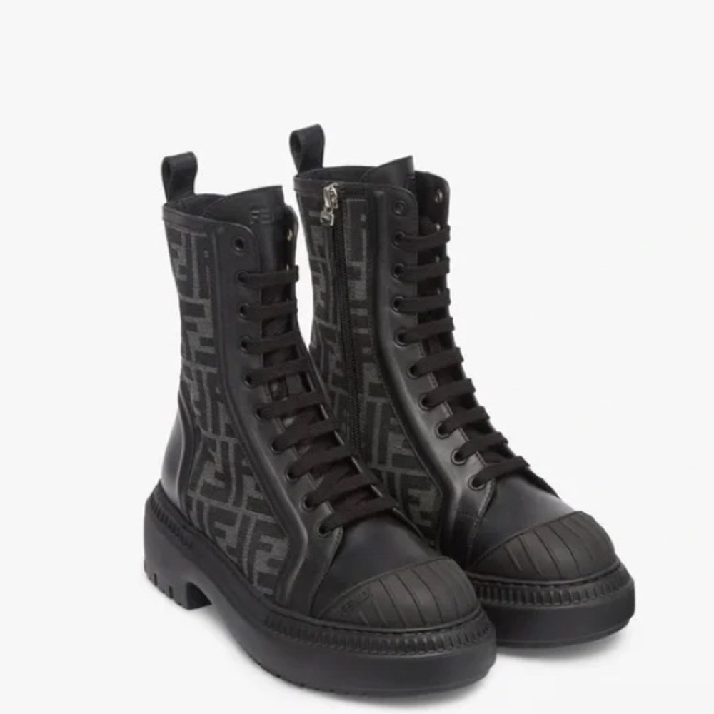New Fendi Monogram FF Lace-Up Fabric Jacquard Vitello FF Domino 50mm Biker Boots